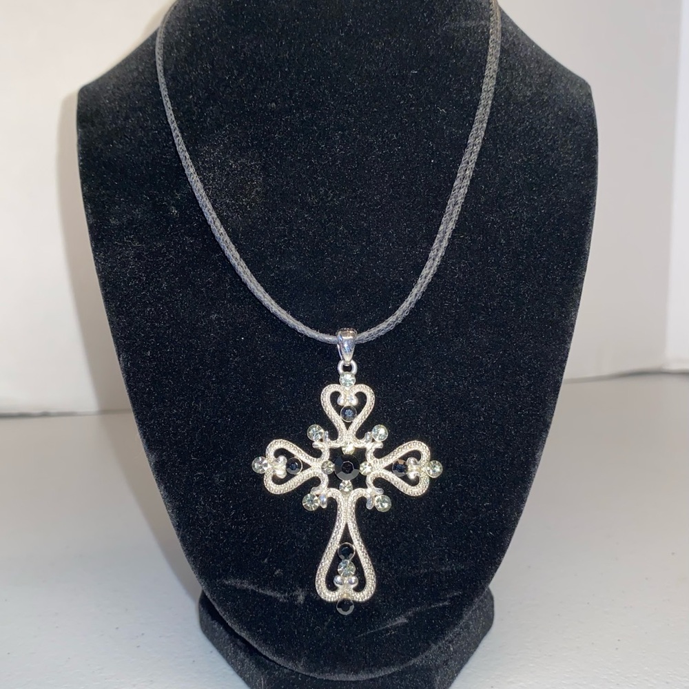 3/$15 Silver and Black Cross Pendant on Black Braided Cord Necklace